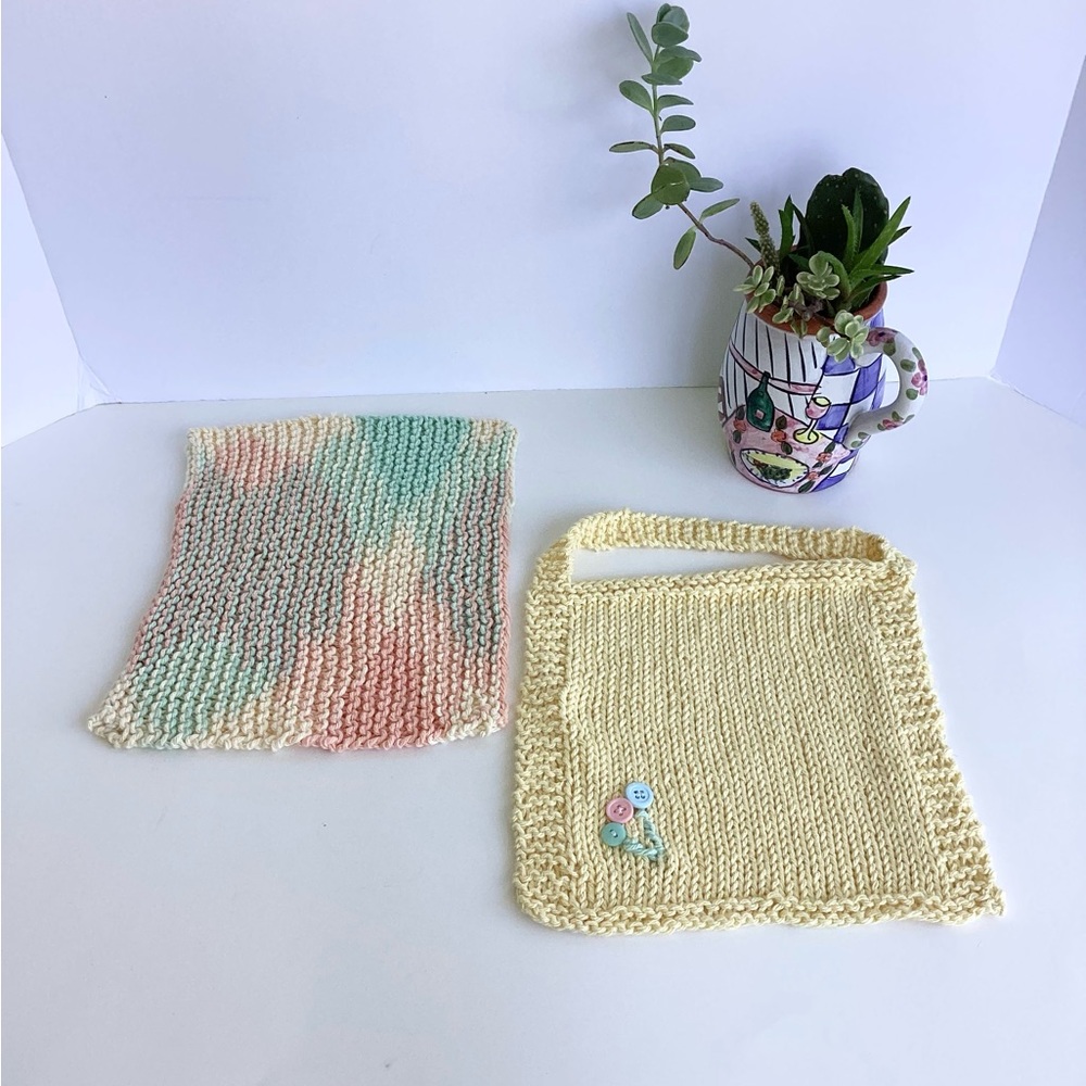 Baby Bib Set Hand Crafted Washcloth Cotton Yellow Green Unisex Floral Knit